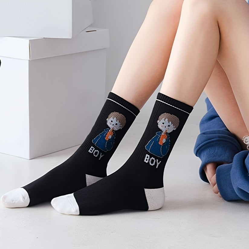 5 Pairs Cartoon Print Socks Women's Stockings Comfy & Mid Tube Hosiery