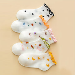 5pairs Flower Heart Mesh Lace Crew Socks for Girls