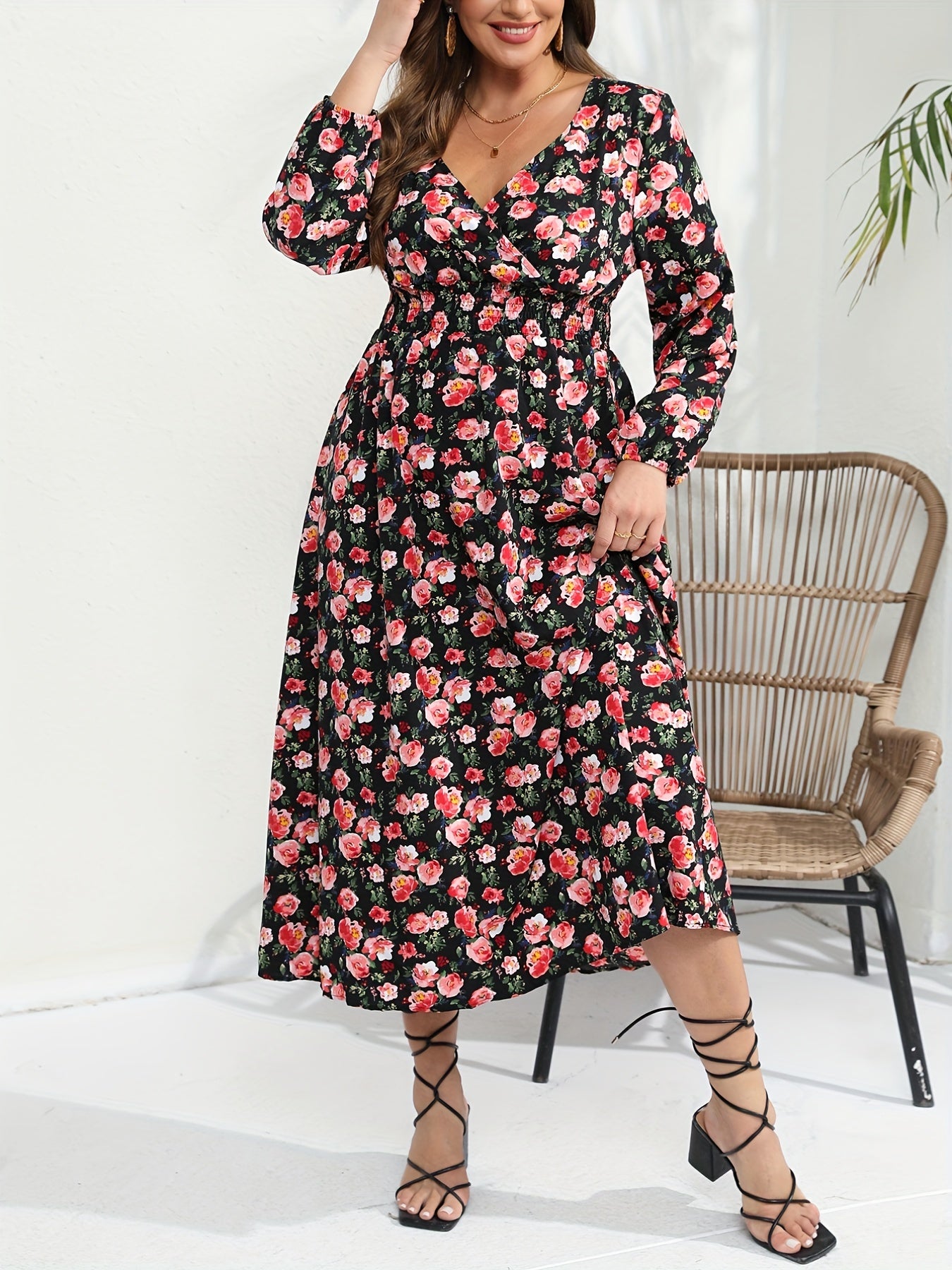  Rose Print Long Sleeve Maxi Dress