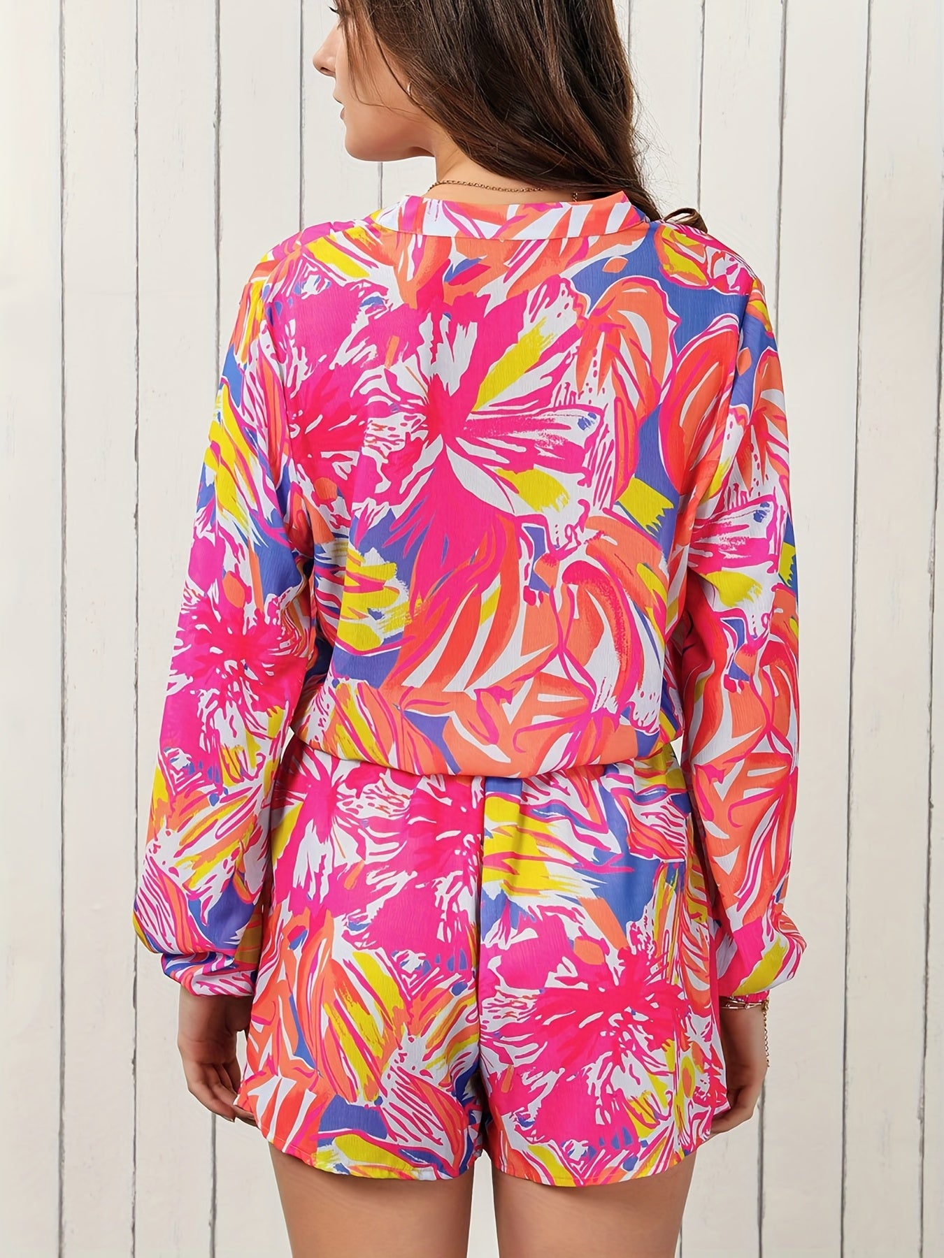 Abstract Print Button Front Romper Casual V Neck Long Sleeve