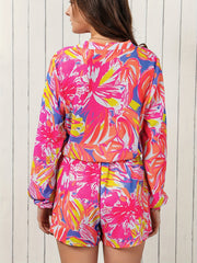 Abstract Print Button Front Romper Casual V Neck Long Sleeve