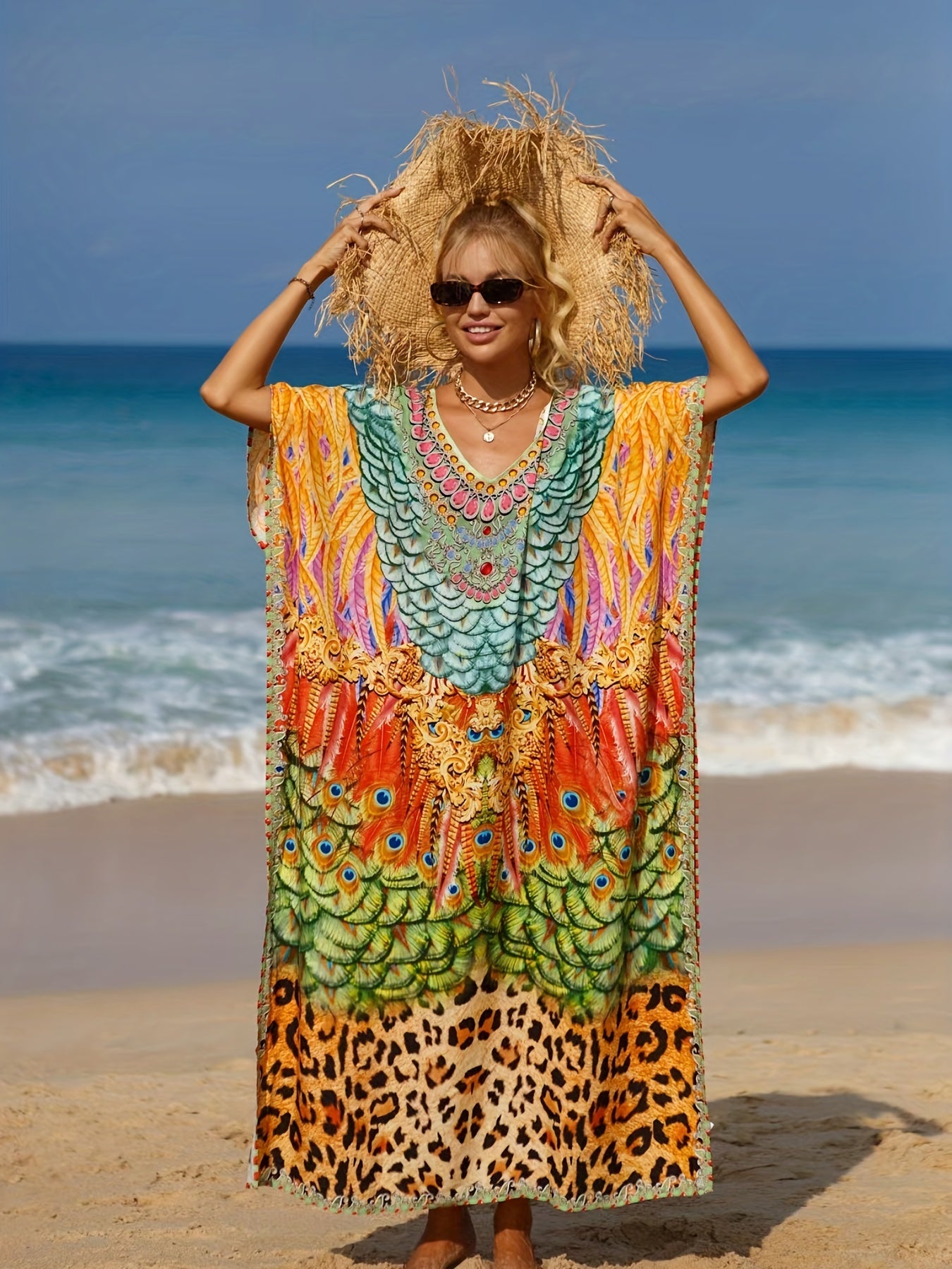  Animal Print V Neck Maxi Cover Up