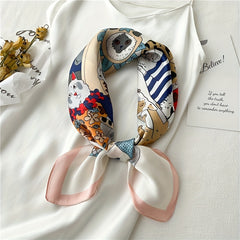 70 0cm Cat Cartoon Pattern Square Scarf Silk Feeling Headband For Women