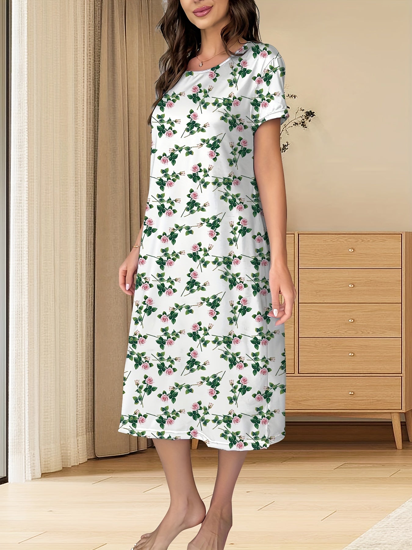 Floral Print Lounge Dress Short Sleeve Crew Neck Women's Loungewear