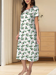 Floral Print Lounge Dress Short Sleeve Crew Neck Women's Loungewear