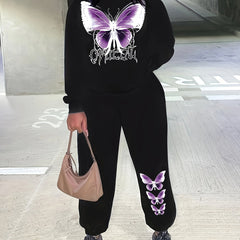  Butterfly Print Top & Joggers Outfit Two Piece Set