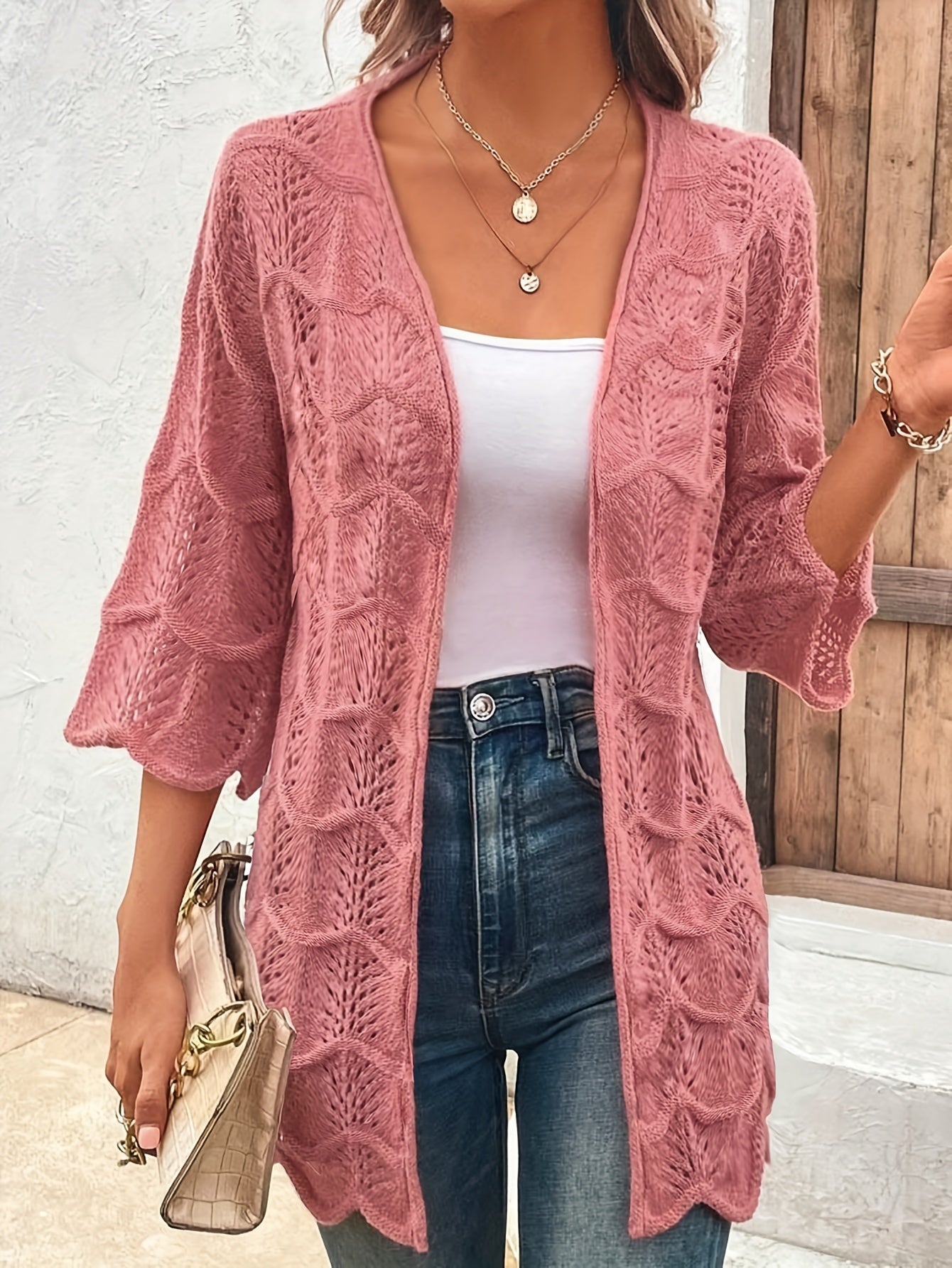  Jacquard Half Sleeve Open Front Cardigan
