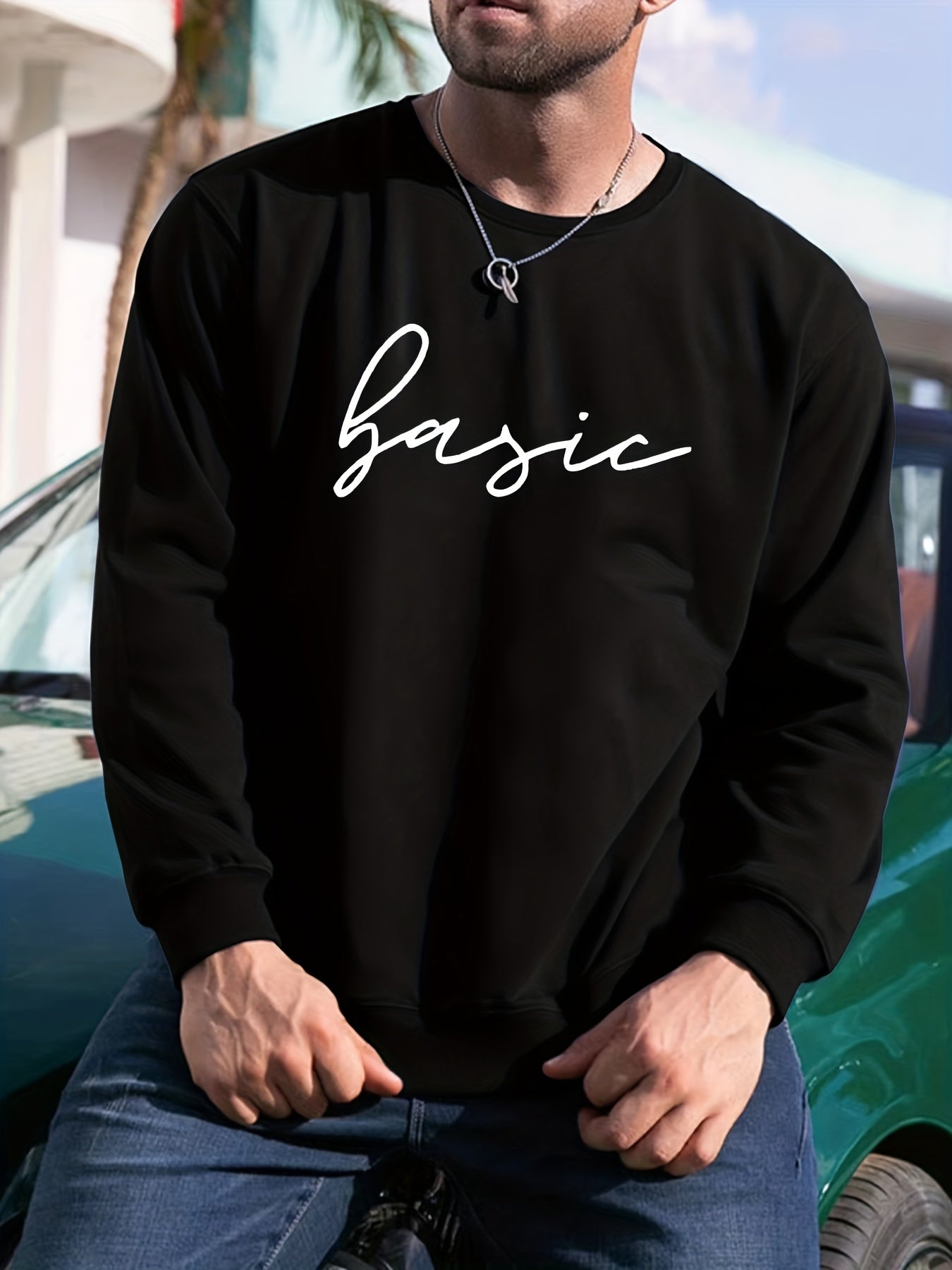 Letter Print Sweatshirt Men's Casual Graphic Pullover for Autumn Winter