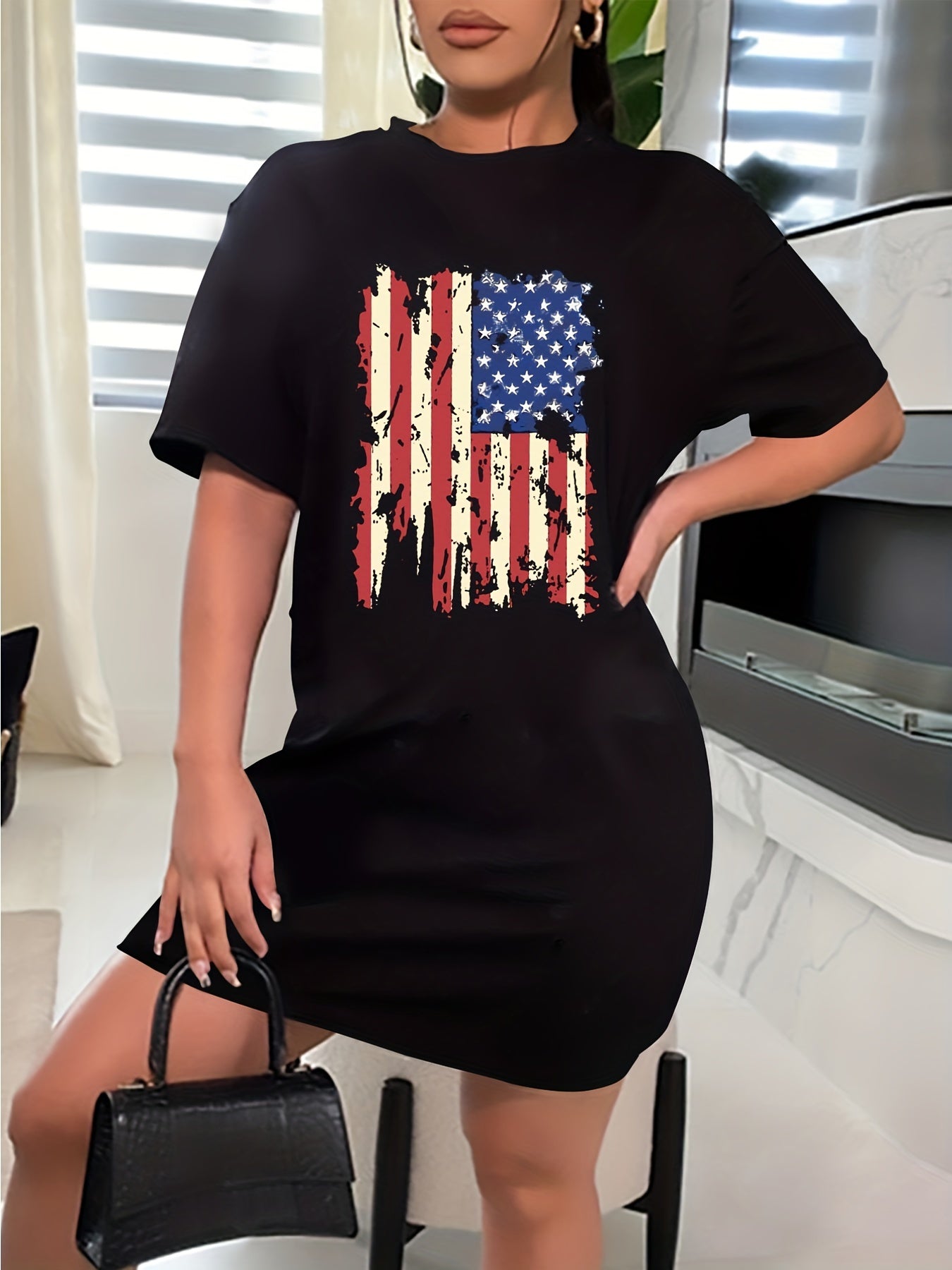  Flag Print Short Sleeve Casual Dress