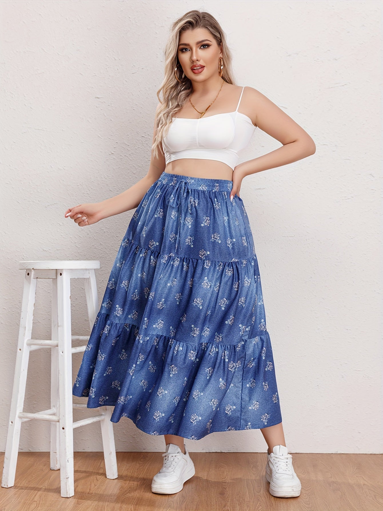  Floral Print Drawstring Elastic Maxi Skirt
