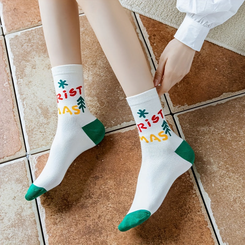 4 Pairs Christmas Letter Print Socks Women's Mid Tube Stockings