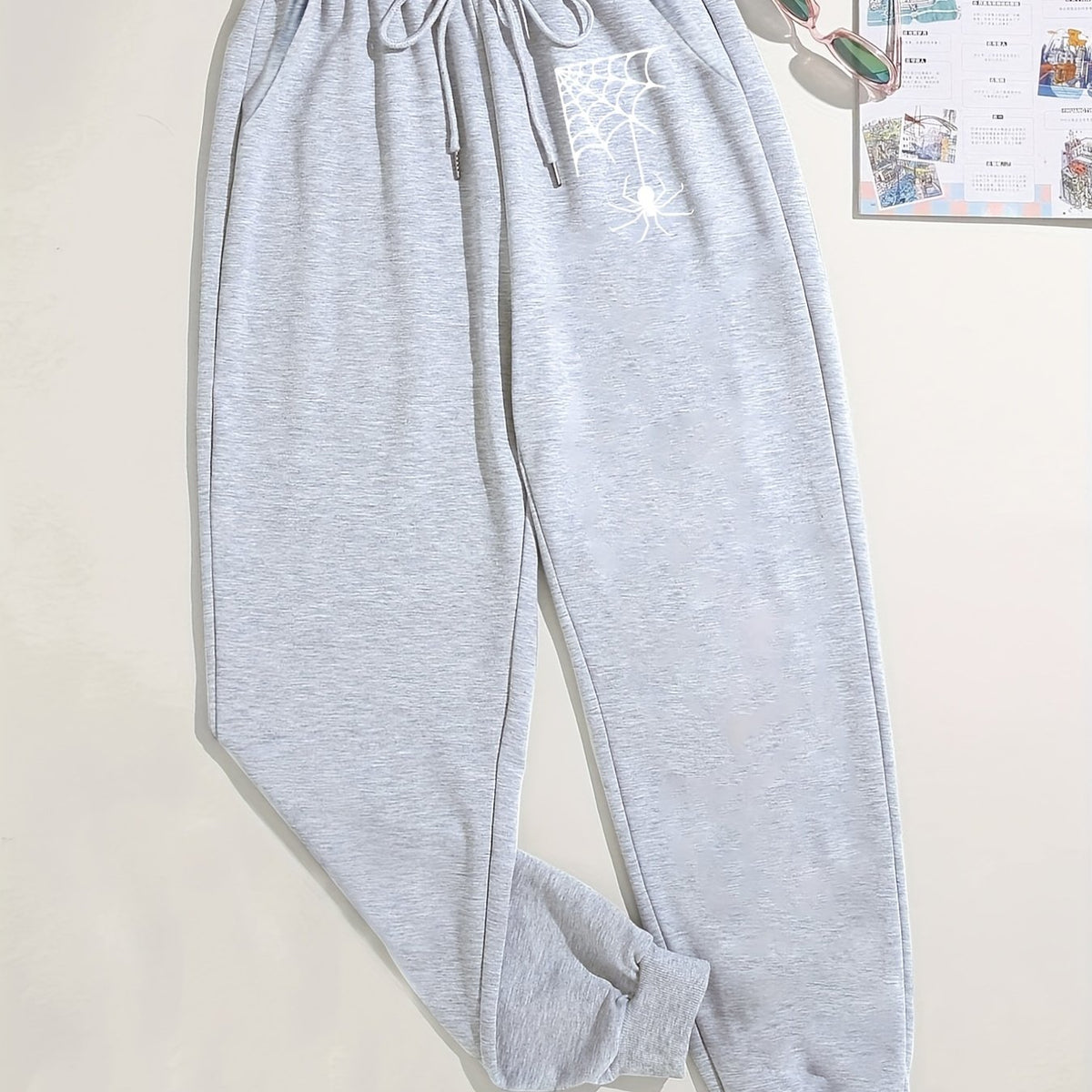  Spider Print Elastic Drawstring Tapered Leg Fitness Pants