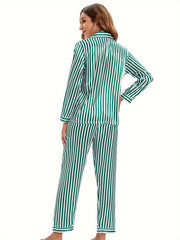 Leopard Print Lounge Set Long Sleeve Button Front Top & Elastic Waistband Pants