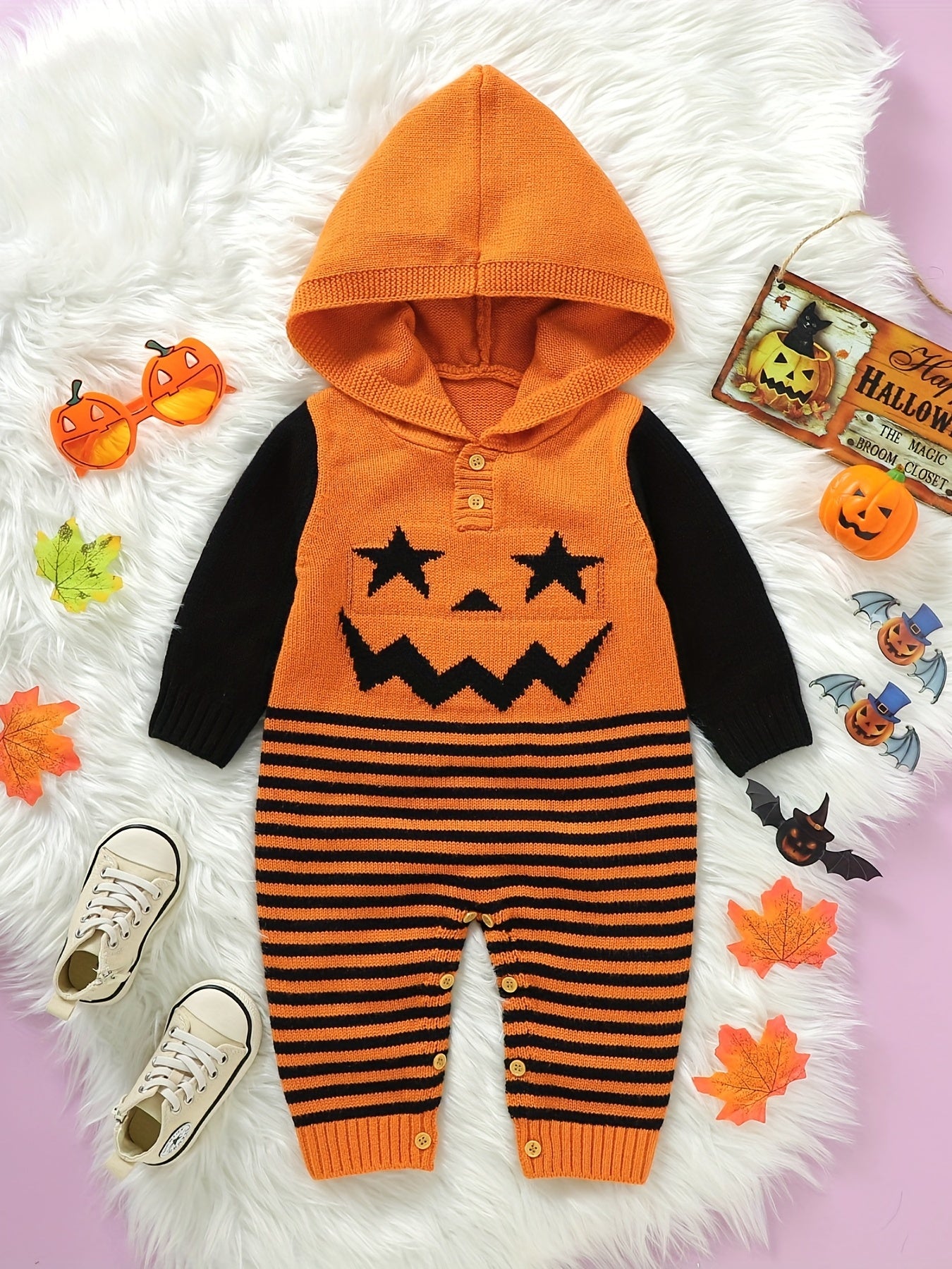 Baby Halloween Jacquard Knit Hooded Jumpsuit