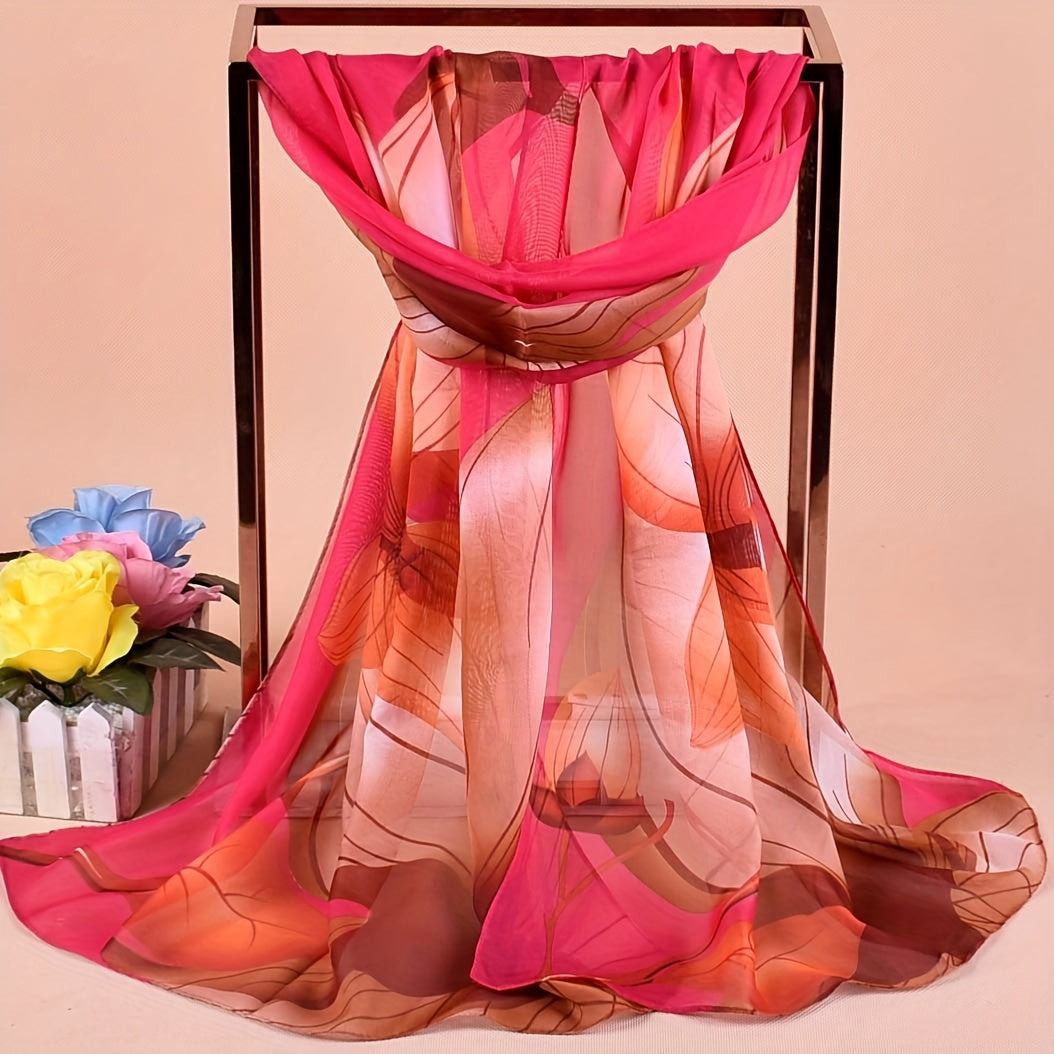Lotus Print Chiffon Scarf Block Boho Sunscreen Shawl Windproof Head Wrap