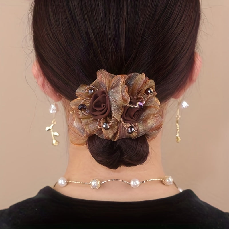Vintage Mesh Flower Beaded Hair Scrunchie Ponytail Holder