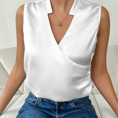  Solid Satin Surplice Neck Ruched Tank Top