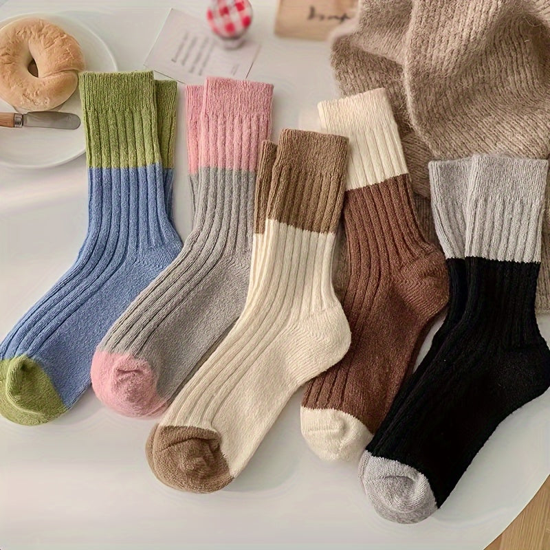 5 Pairs Colorblock Crew Socks Soft & Comfy Women's Stockings
