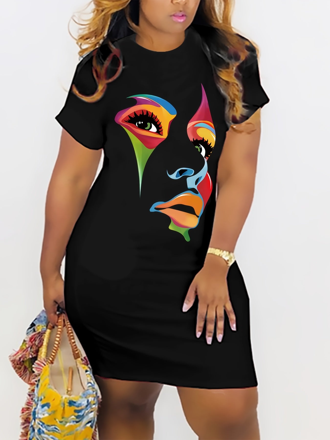  Figure Print Short Sleeve Tee Dress Women's Plus