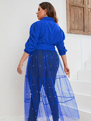  Bubble Sleeve Mesh Dress with Faux Pearl Buttons