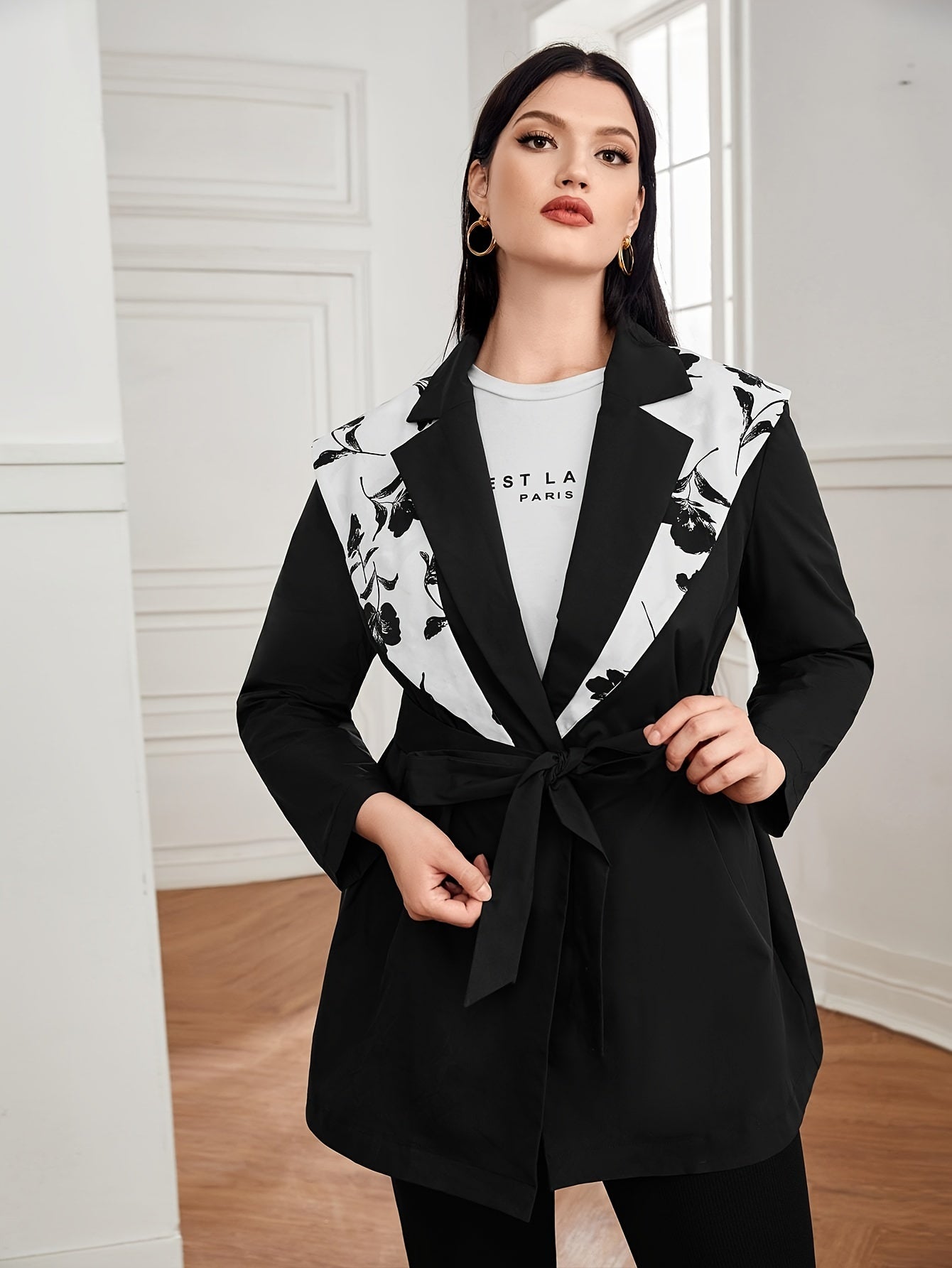  Colorblock Floral Panel Long Sleeve Blazer With Belt