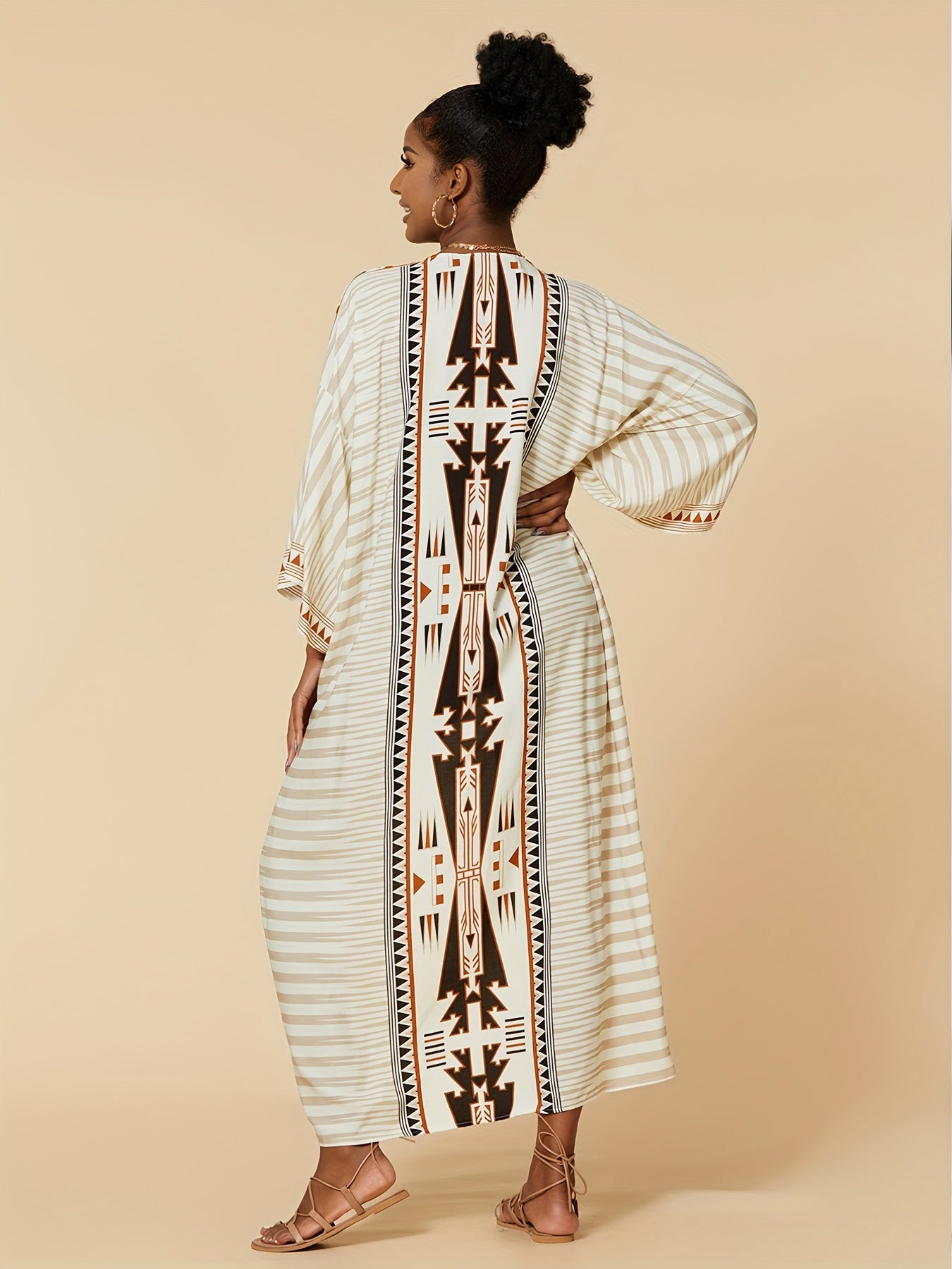  Boho Cover Up Women's Plus Tribal Print Long Sleeve Cover Up