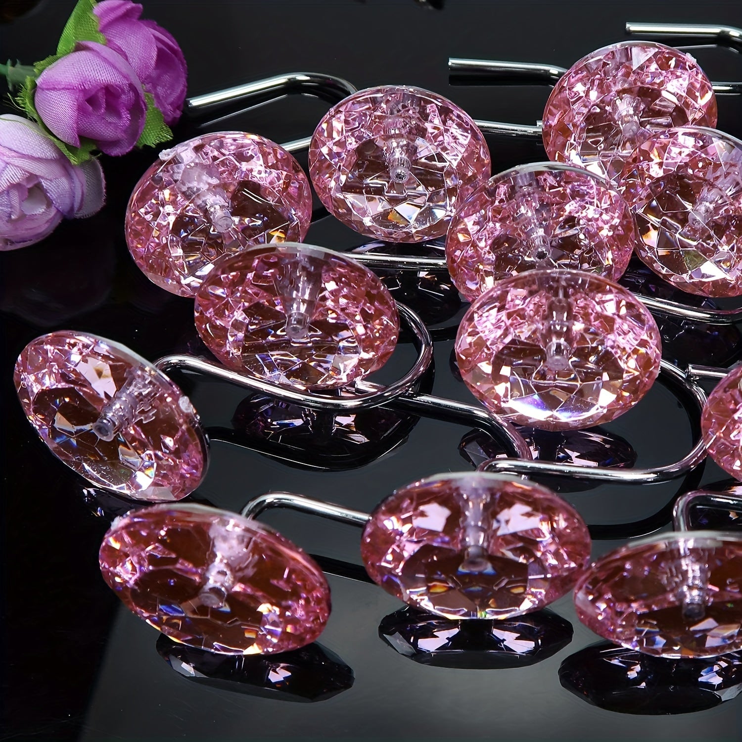 12pcs Pink Rhinestone Shower Curtain Hooks Decorative Round Shower Curtain Rings