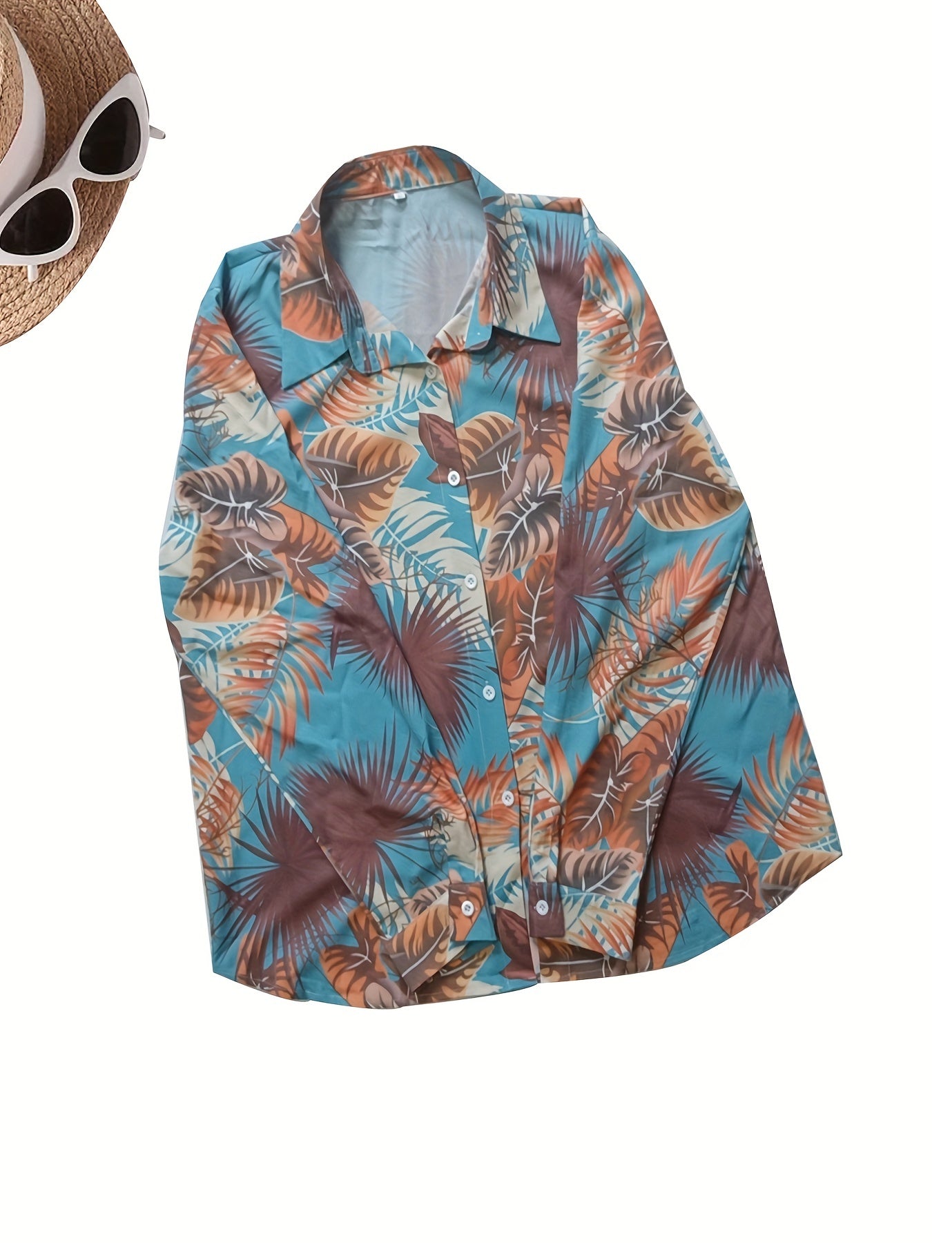  Tropical Print Button Up Long Sleeve Blouse