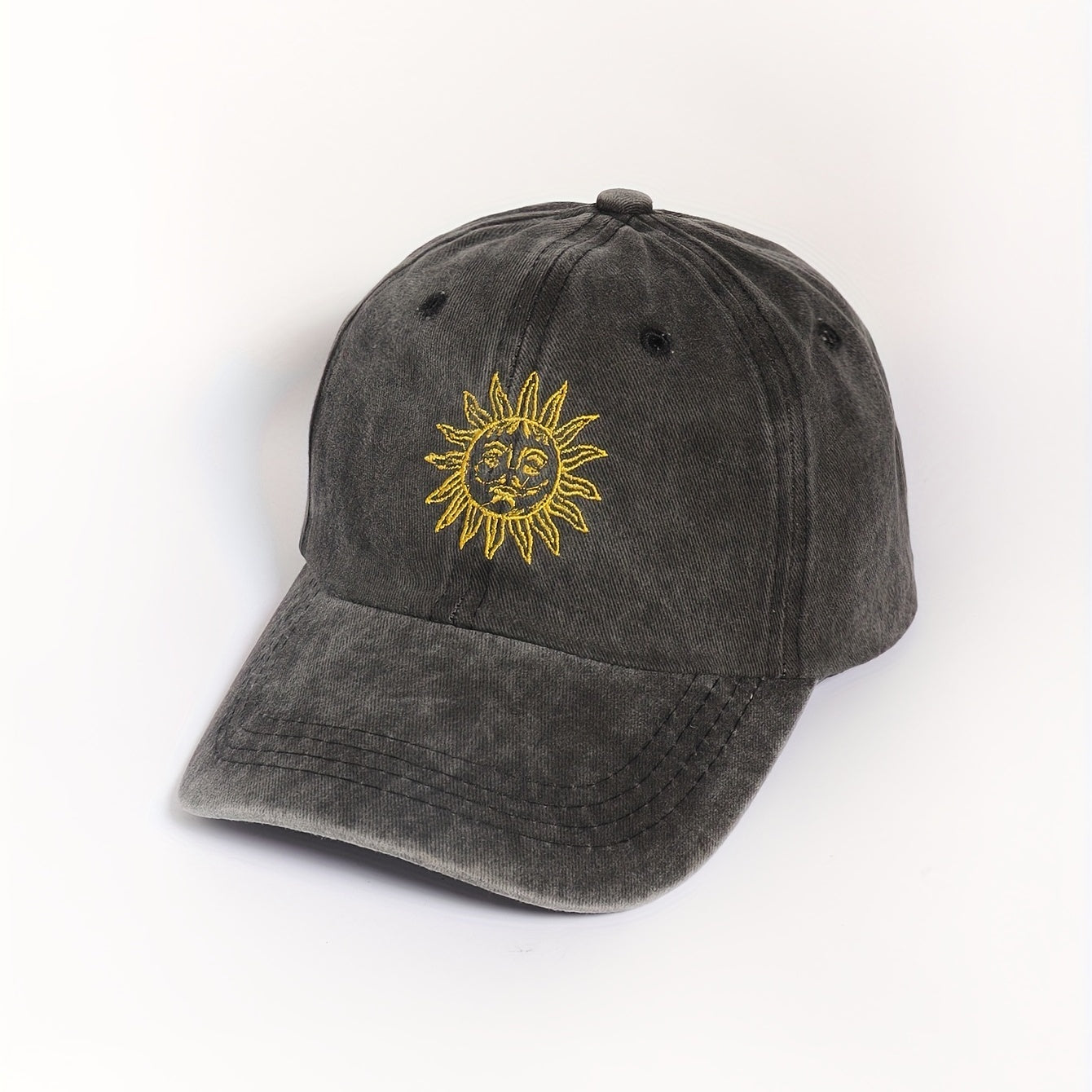 Vintage Sun Embroidery Baseball Cap Unisex Washed Gray Dad Hat