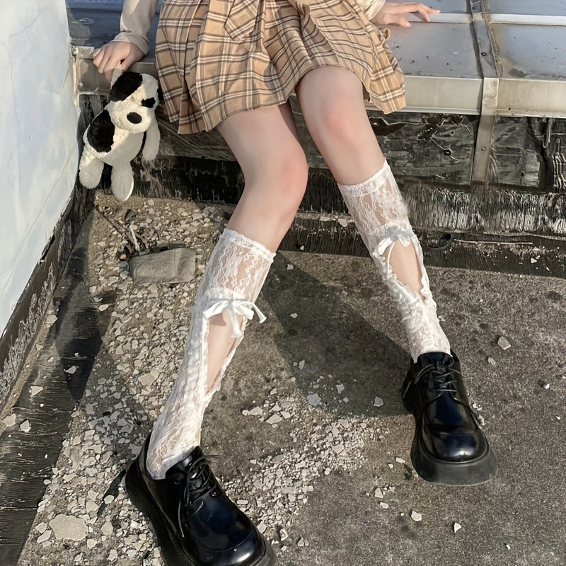 Floral Lace Calf Socks Lolita Mesh Knee High Socks Women's Stockings
