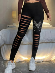  Rhinestone Butterfly Ripped Leggings