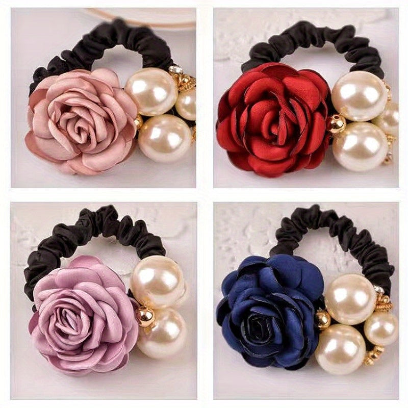 Colorful Rose Faux Pearls Hair Band Floral Beads Hair Ties