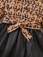 Girls' Geo Print Stitching Dress for Autumn Spring