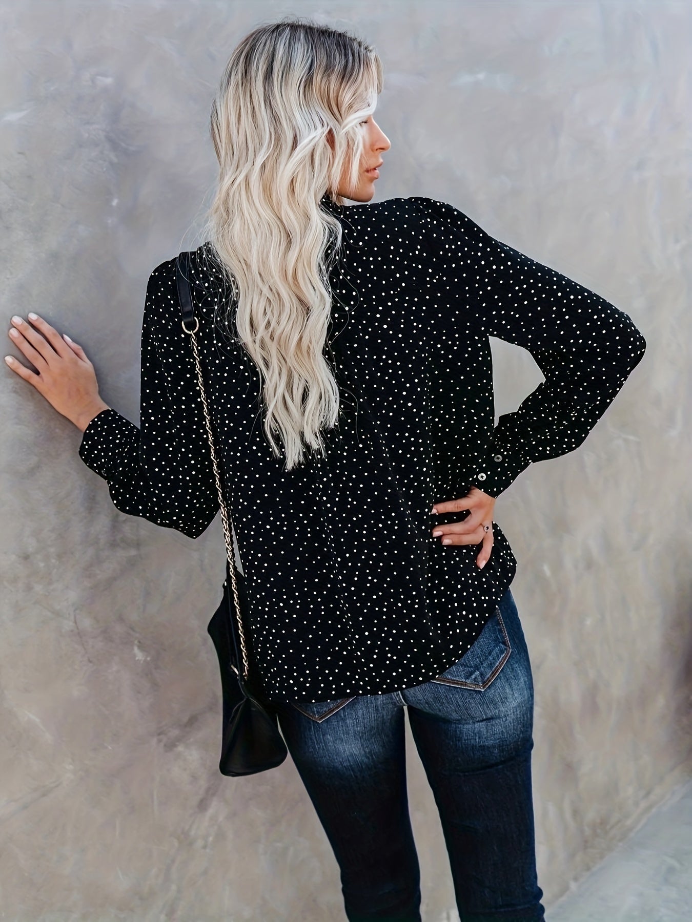  Boho Blouse Women's Plus Dot Print Button Up Long Sleeve
