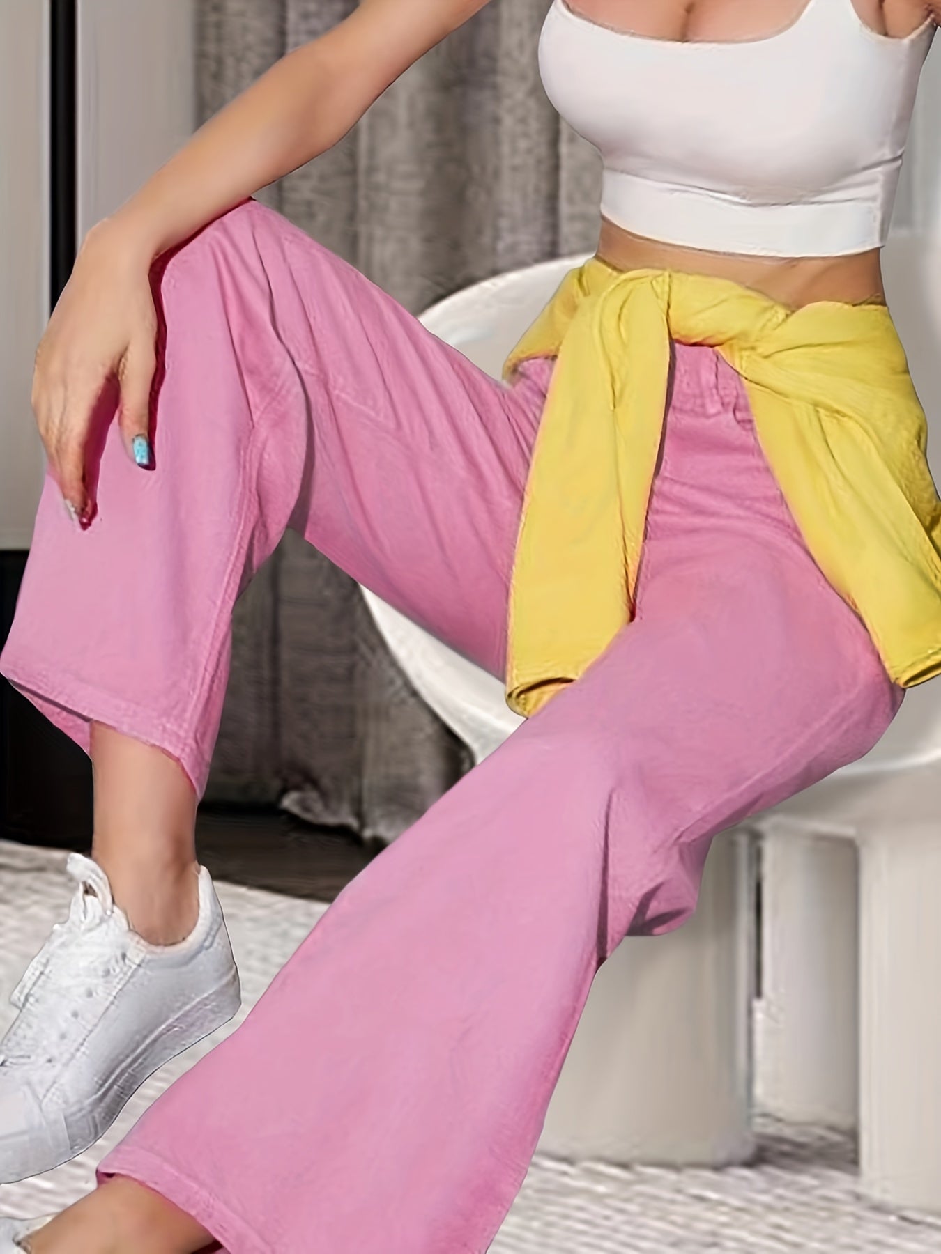 Pink High Waist Wide Leg Jeans Solid Denim Pants