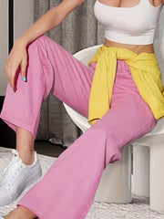 Pink High Waist Wide Leg Jeans Solid Denim Pants