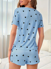 Heart Print Pajama Set Crew Neck Top & Loose Shorts Women's Loungewear