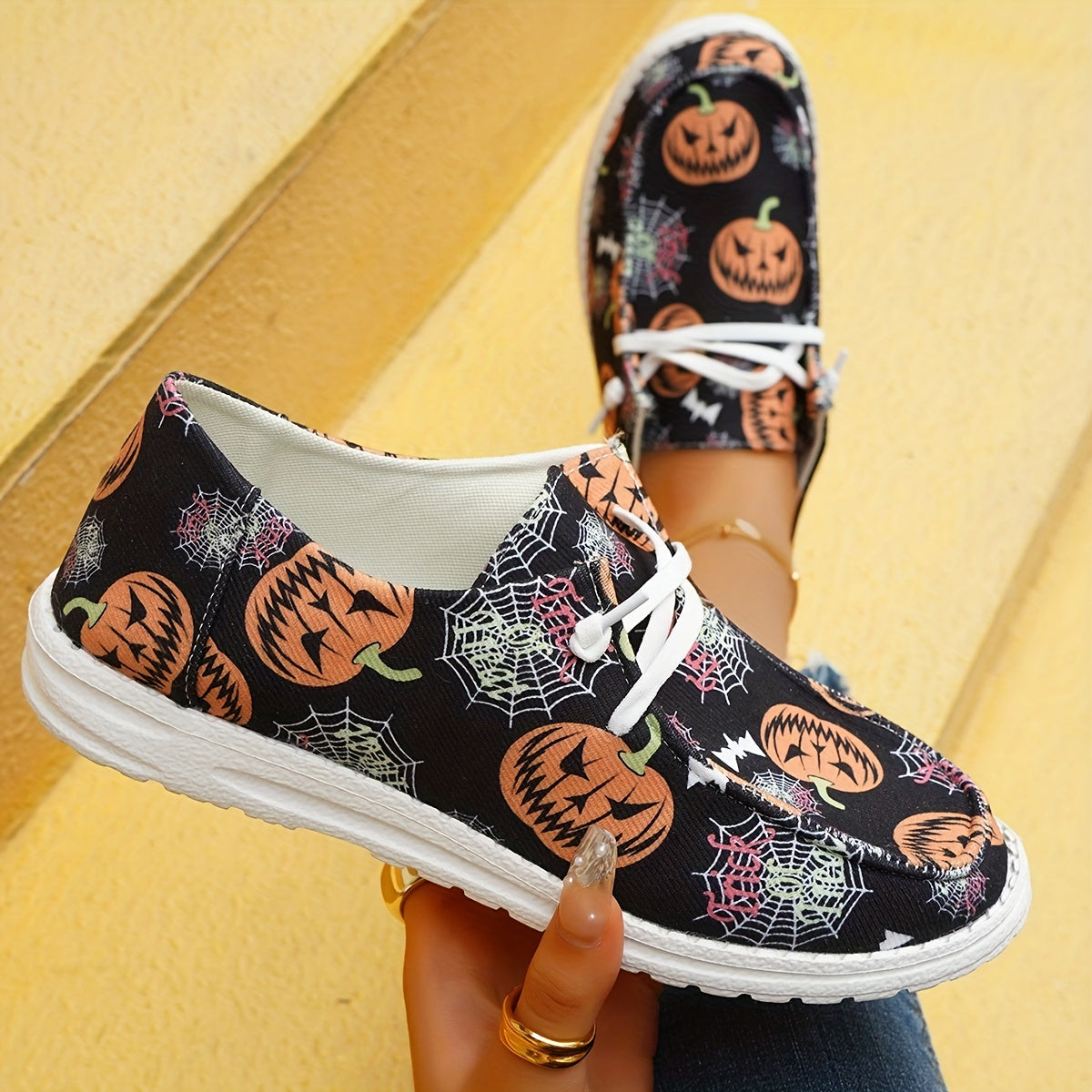 Ghost Face Pumpkin Print Sneakers Halloween Slip On Flats Canvas Shoes