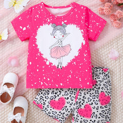 Girls Dancing Girl Graphic T Shirt & Heart Leopard Shorts Set