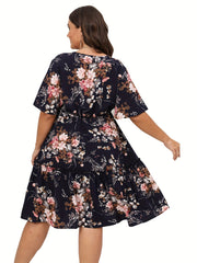  Floral Print Surplice Neck Midi Wrap Dress