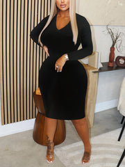 V Neck Long Sleeve Stretch Dress