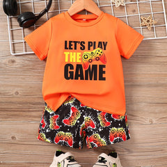 Boys Gamepad Print Casual Outfit T-shirt & Shorts Set