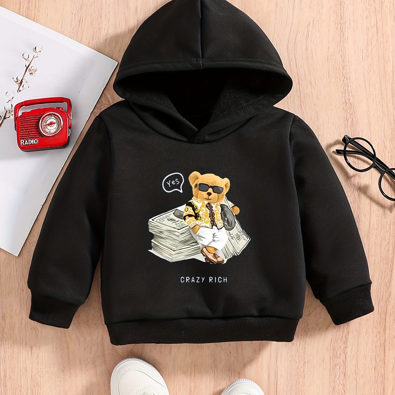 Rich Bear Print Baby Boys Hooded Sweatshirt for Spring Fall