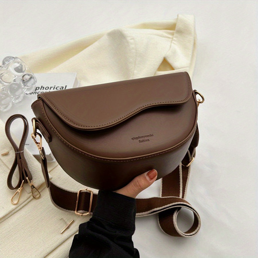 Retro Style Saddle Bag Women Solid Crossbody Versatile PU Leather Shoulder Purse