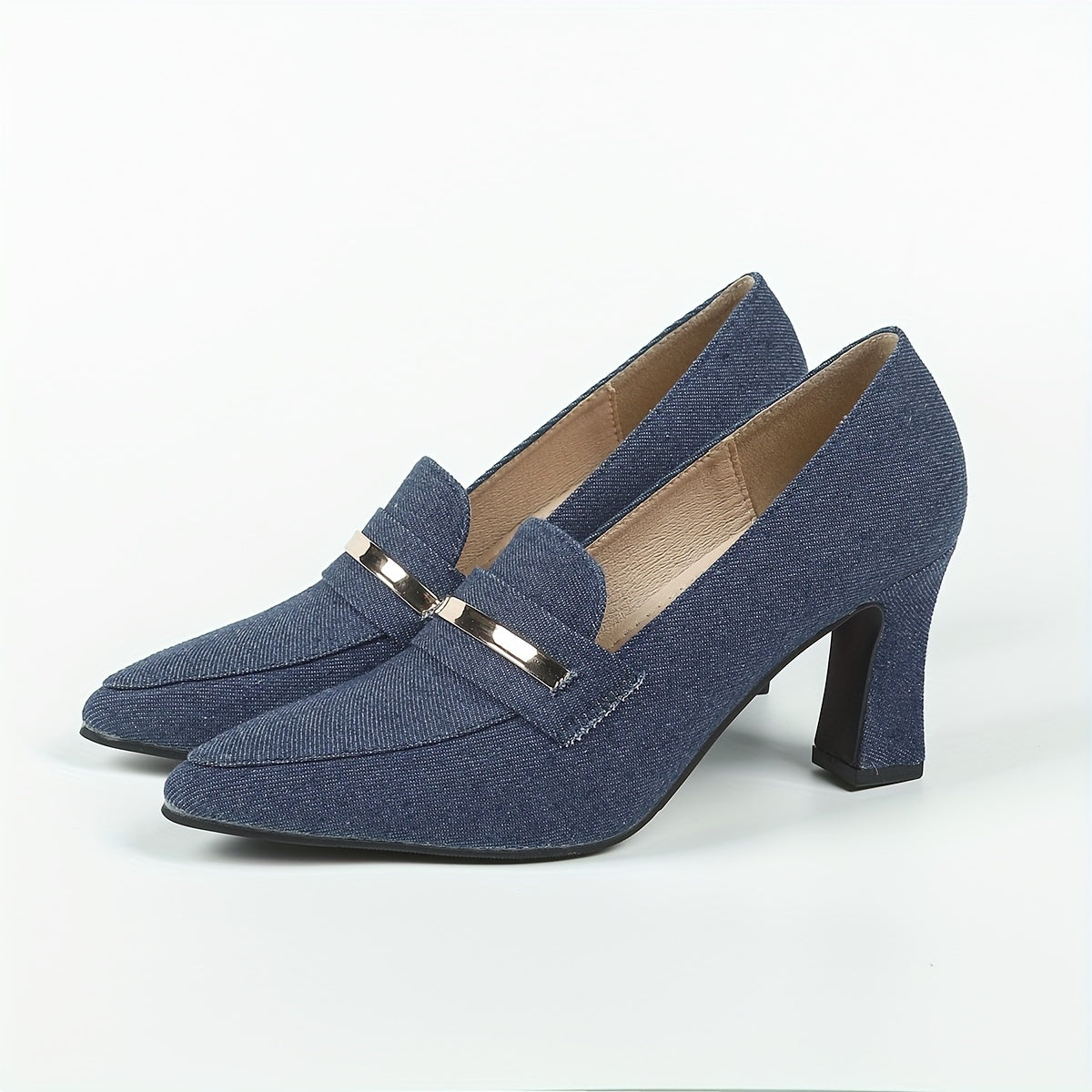 Women's Denim Loafers Pumps Pointed Toe Slip On Chunky Heels