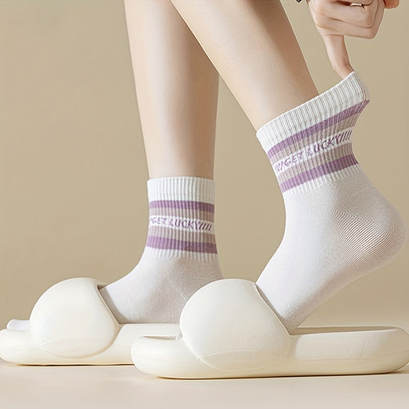 5 Pairs Letter & Striped Print Socks Comfy & Breathable Women's Stockings
