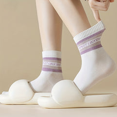 5 Pairs Letter & Striped Print Socks Comfy & Breathable Women's Stockings