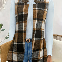 Plaid Print Split Collar Vest Blazer