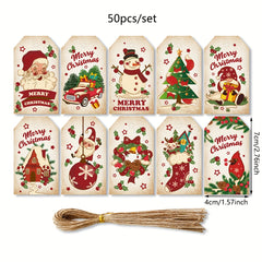 50pcs Vintage Christmas Holiday Blessing Card Santa Snowman Print Gift Tag