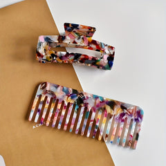Acetate Comb and Hair Claw Set, Wide Tooth Comb & Rectangle Non Slip Hair Clip